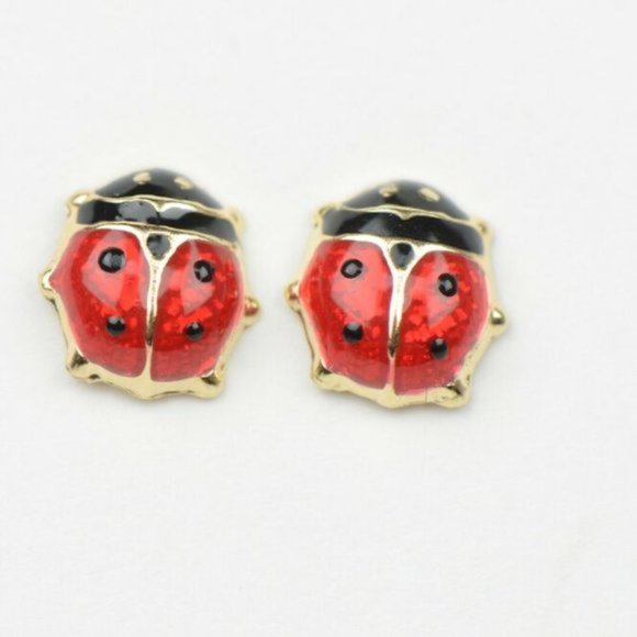 Solid 14k Yellow Gold Red and Black Enamel Ladybug Baby Screw Earrings Large - Picture 7 of 7
